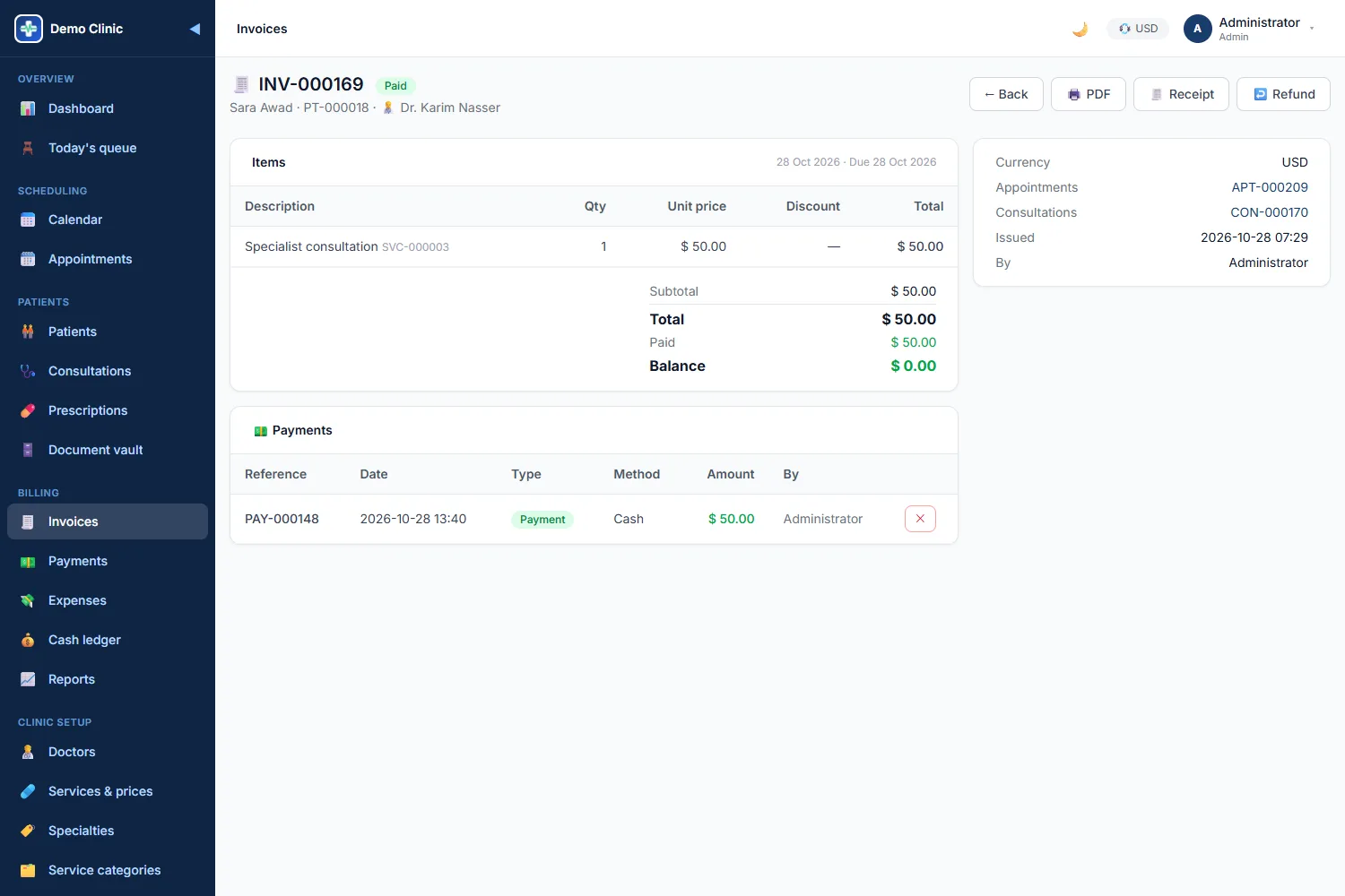 Invoice with items, payments, PDF and receipt buttons
