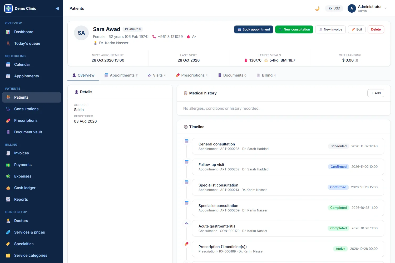 Patient file with vitals, outstanding balance, medical history and timeline